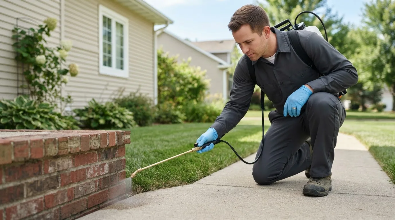 Pest control technician treating a home near Girard, PA